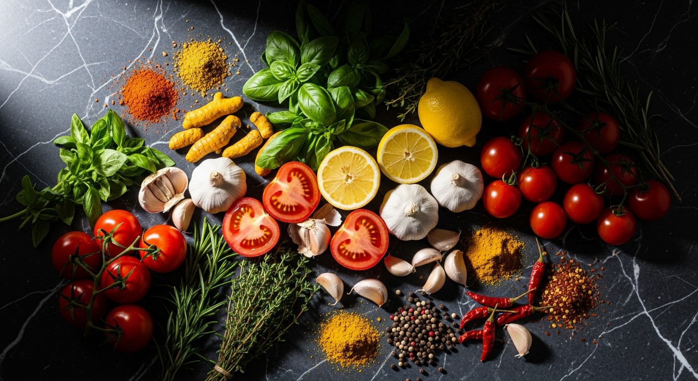 Fresh ingredients on dark marble